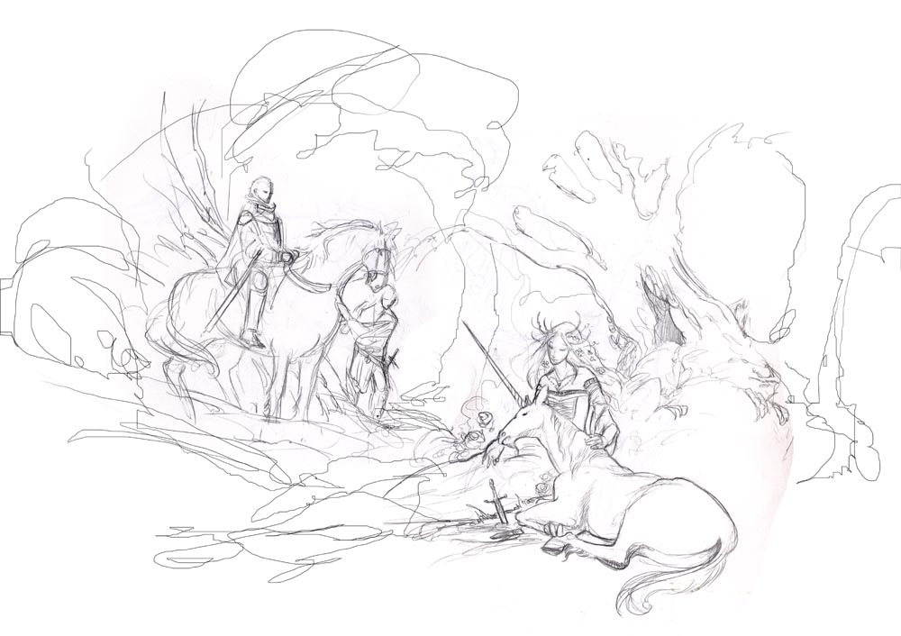 Messy sketch of unicorns and knights